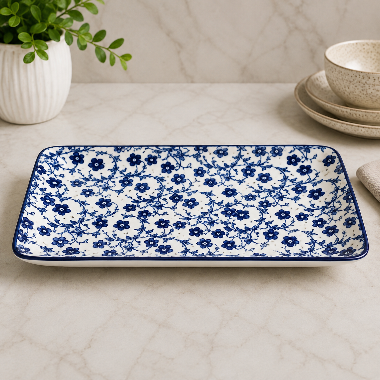 Danny Home Blue Chintz Rectangular Serving Tray - 9 Inches