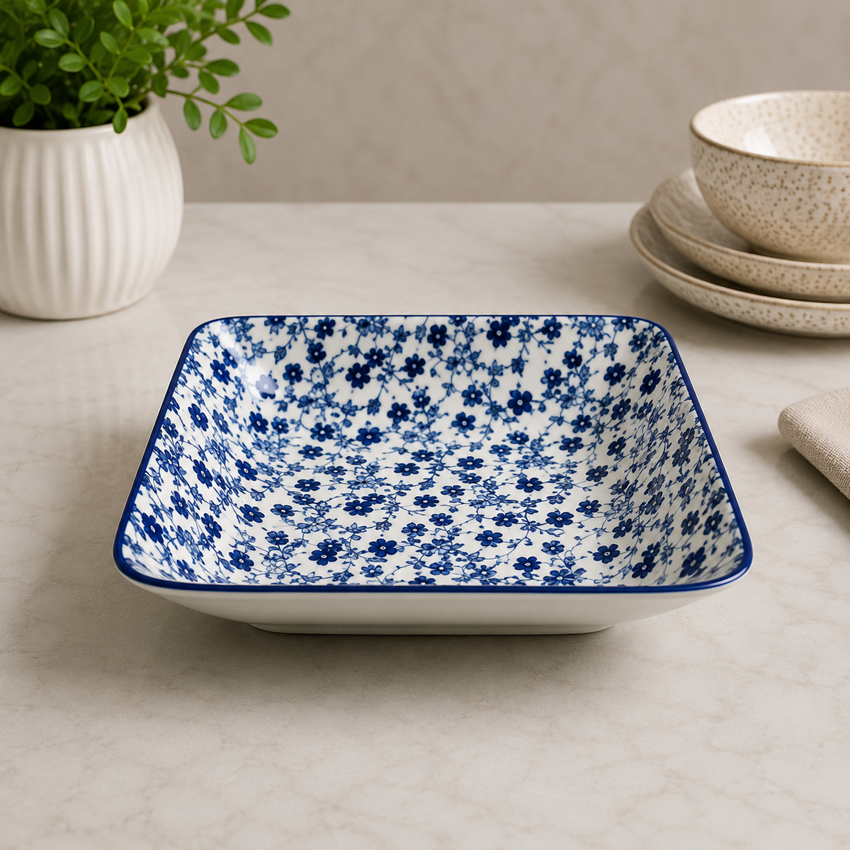 Danny Home Blue Flower Chintz Square Serving Dishes