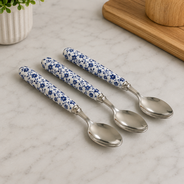 Danny Home Blue Chintz Handle Stainless Steel Teaspoon Set - 3 Pieces