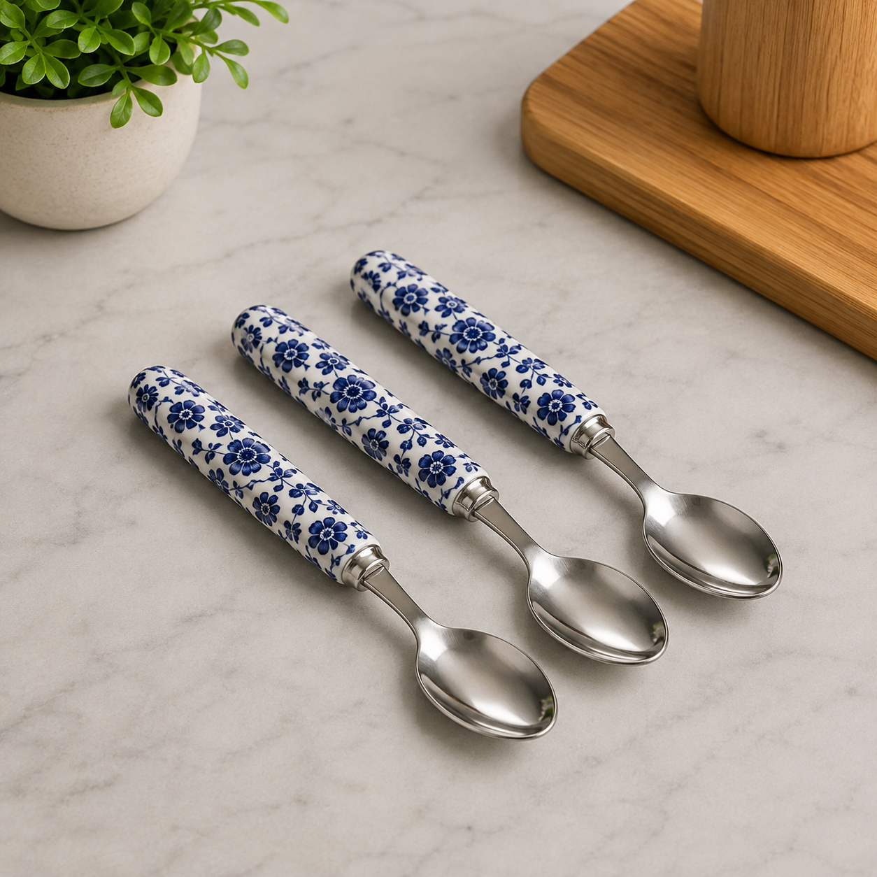 Danny Home Blue Chintz Stainless Steel Coffee Spoon - 3 Piece Set