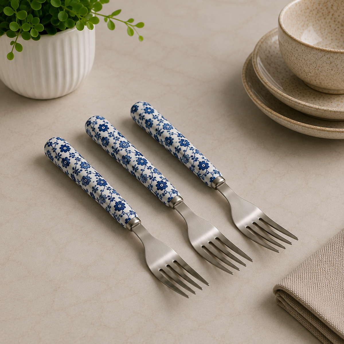 Danny Home Blue Chintz Handle Dining Fork - 3 Pieces Set