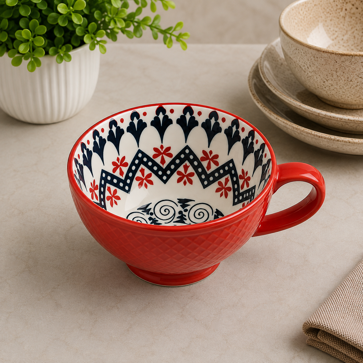 Danny Home Red Chintz Tea Mug With Patterned Interior - 355 ml
