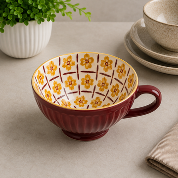 Danny Home Maroon Chintz Tea Mug With Yellow Patterned Interior - 355 ml