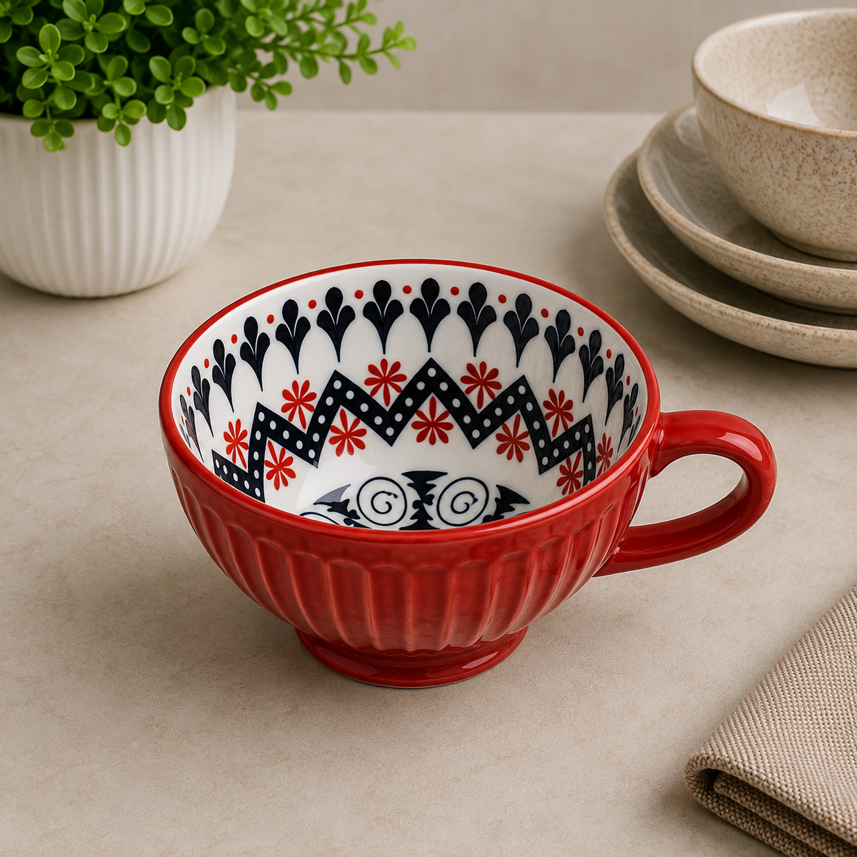 Danny Home Red Chintz Tea Mug With Blue Patterned Interior - 355 ml
