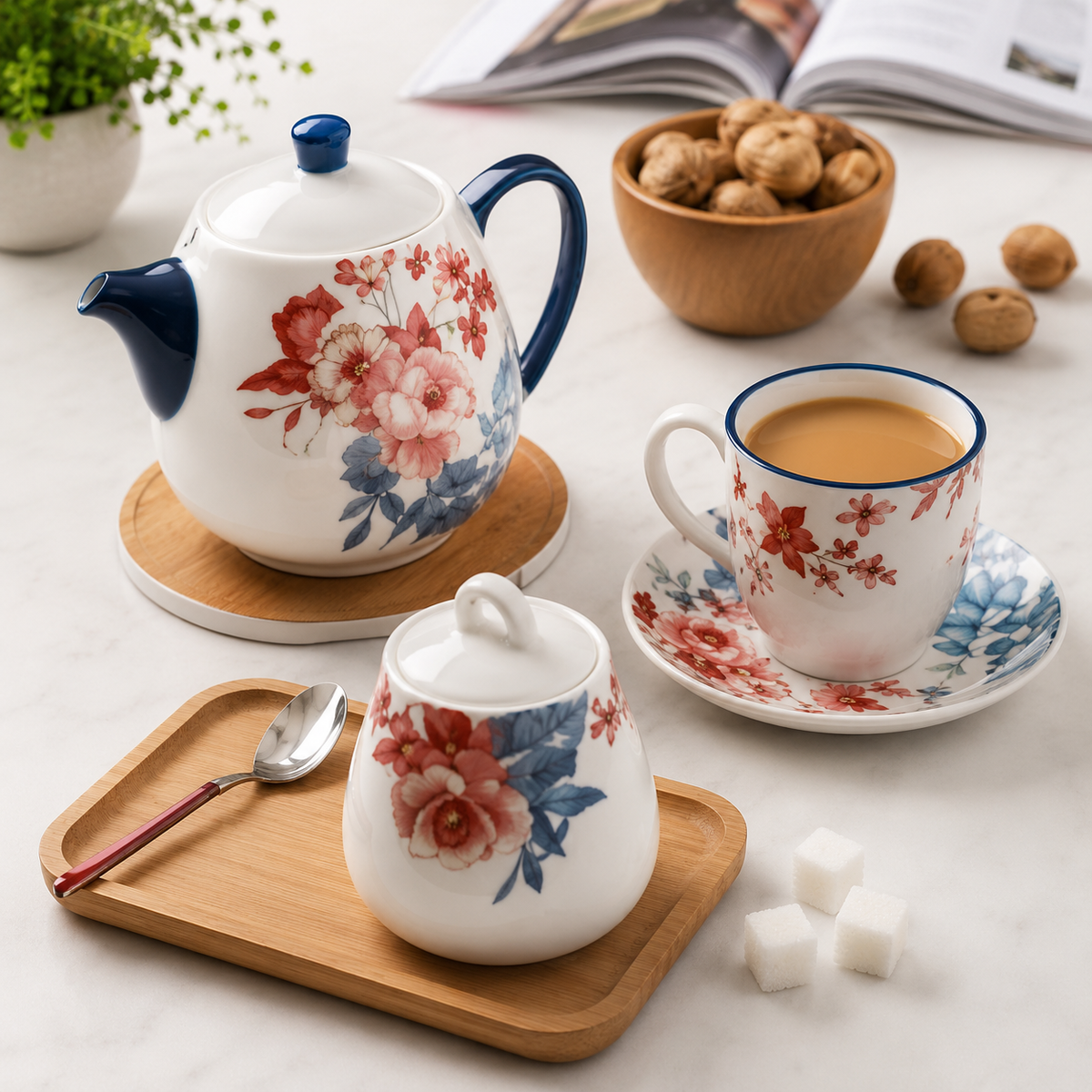Danny Home White Chintz Tea Set With Teapot Cup Saucer And Sugar Pot  - 16 Pieces Set