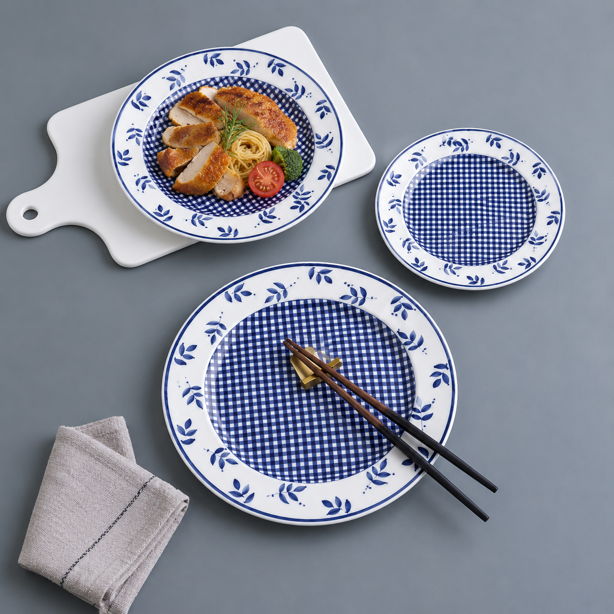 Danny Home Blue Checkered Chintz Dinner Plate Set - 18 Pieces Set