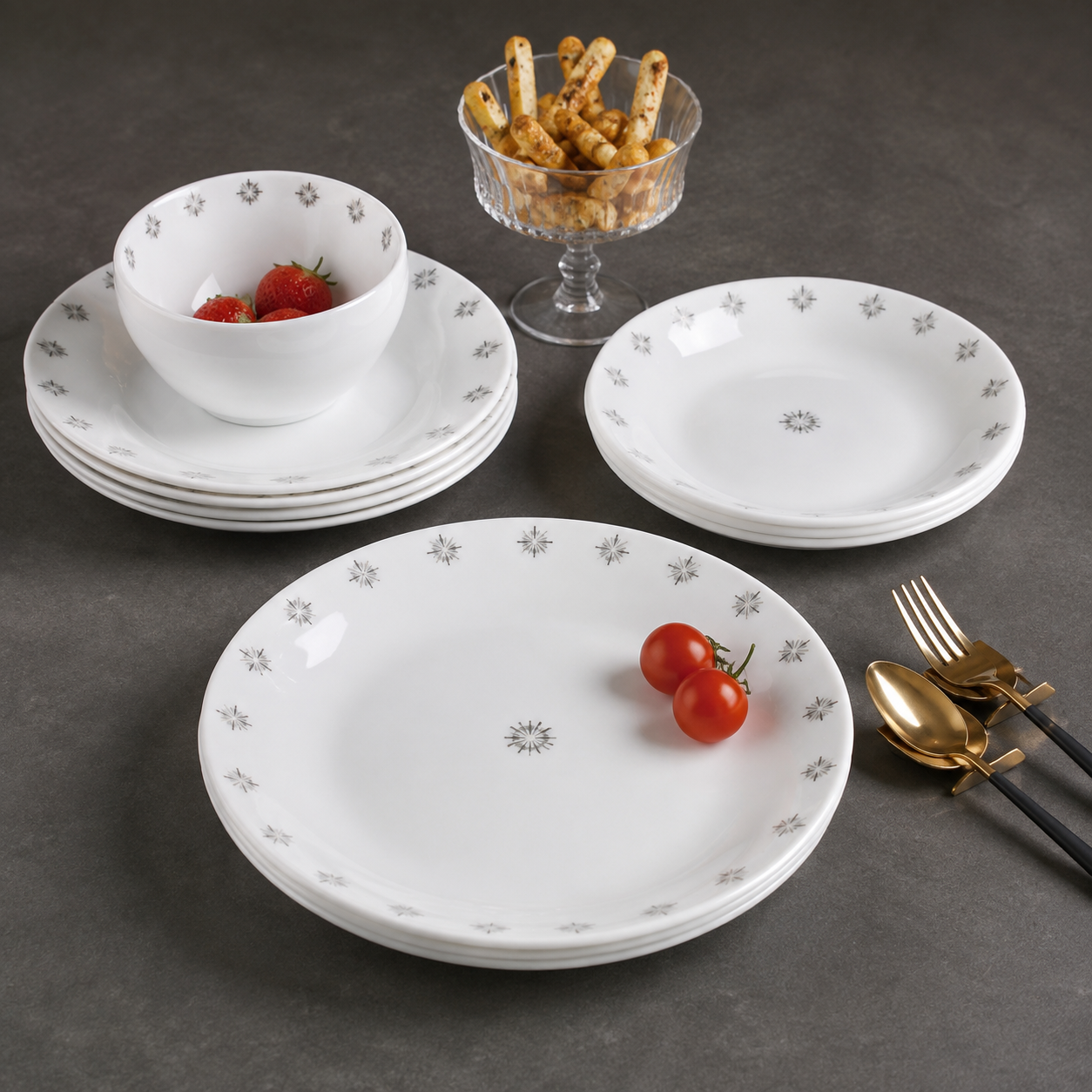 Danny Home White Chintz Dinnerware Set With Silver Starburst Pattern - 24 Pieces Set