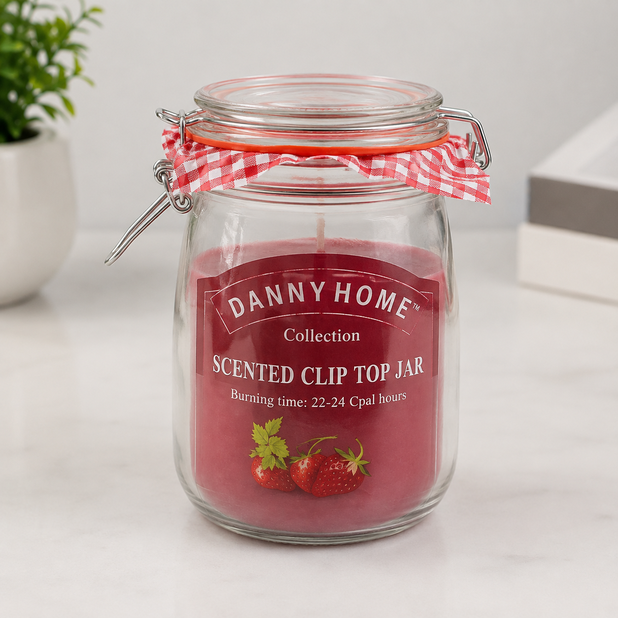 Danny Home Red Glass Jar Candle With Lid And Gingham Ribbon - 9 x 17 cm