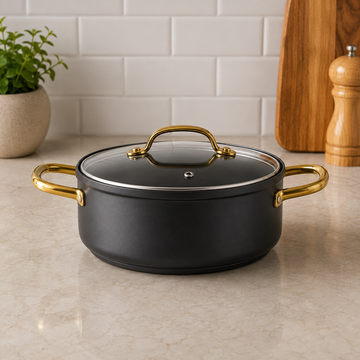 Danny Home Black Casserole Pot With Glass Lid And Gold Handles