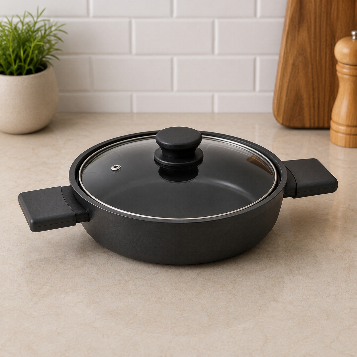 Danny Home Black Casserole Pot With Glass Lid And Dual Handles - 28 x 12 cm