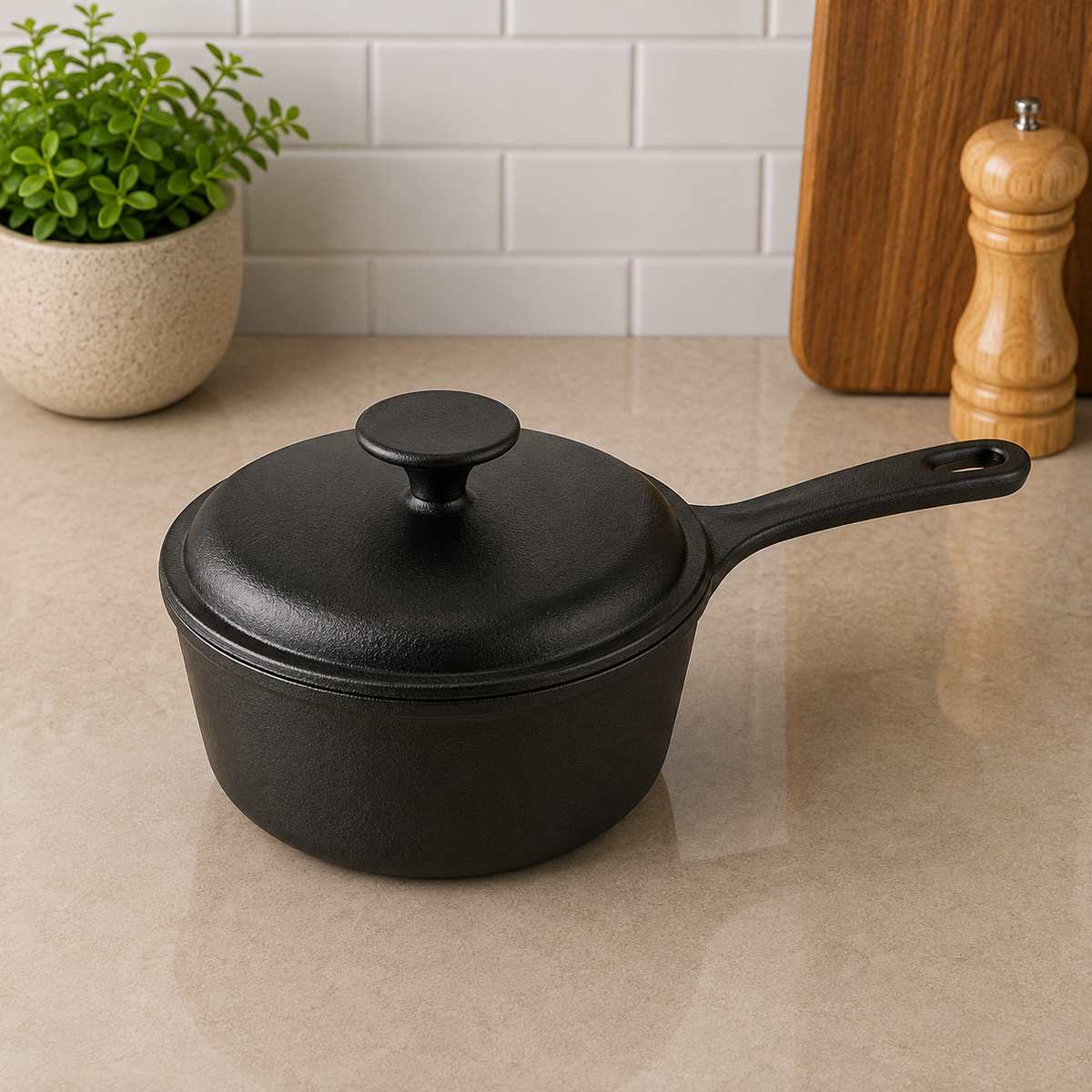 Danny Home Cast Iron Saucepan With Lid And Long Handle - 15 x 7cm
