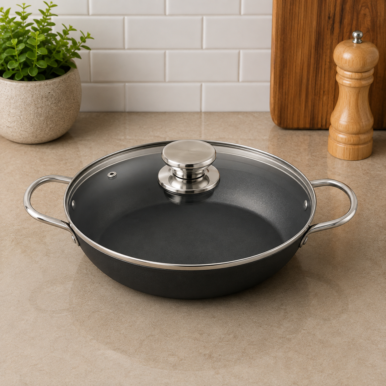 Danny Home Back Non Stick Frying Pan With Glass Lid And Dual Handles - 20 x 8 cm