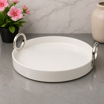 Brilliant Round White Serving Tray With Silver Ring Handles - 10.75 Inches