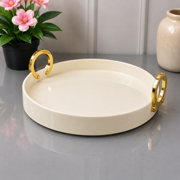 Brilliant Round White Serving Tray With Golden Ring Handles - 10.75 Inches