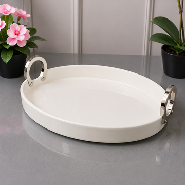 Brilliant Oval White Serving Tray With Silver Ring Handles - 12.5 Inches