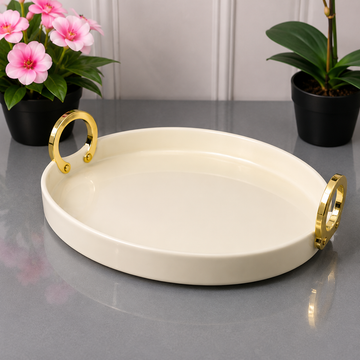 Brilliant Oval White Serving Tray With Golden Ring Handles - 12.5 Inches