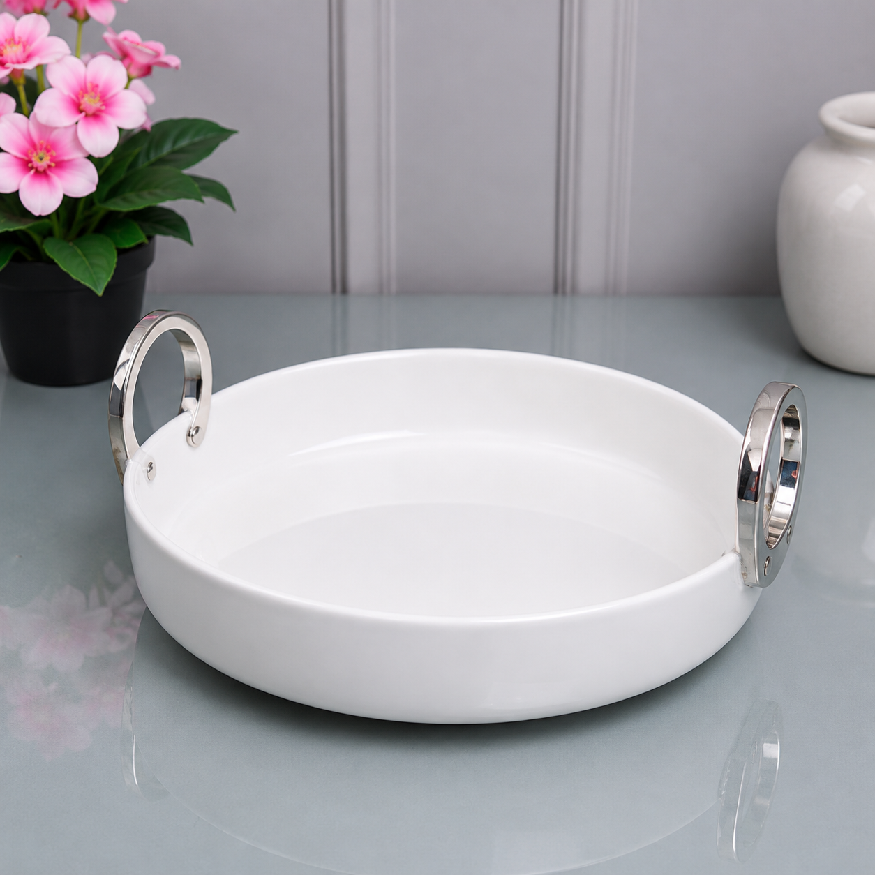 Brilliant White Round Serving Dish With Silver Ring Handles - 10.25 Inches