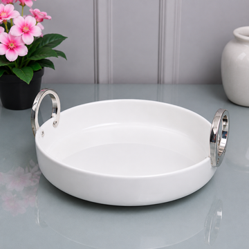 Brilliant White Round Serving Dish With Silver Ring Handles - 10.25 Inches