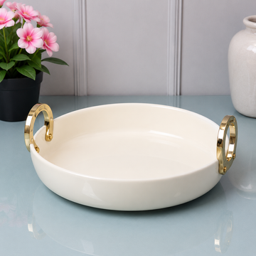 Brilliant White Round Serving Dish With Golden Ring Handles - 10.25 Inches