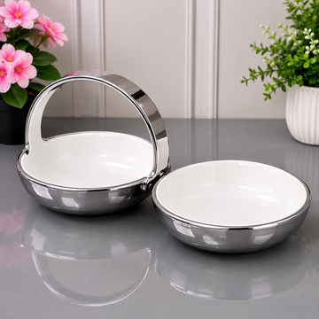 Brilliant White And Silver Serving Dish Set With Carry Handles - 2 Pieces Set