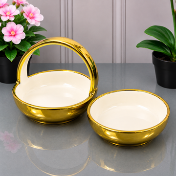 Brilliant White And Golden Serving Dish Set With Carry Handles - 2 Pieces Set