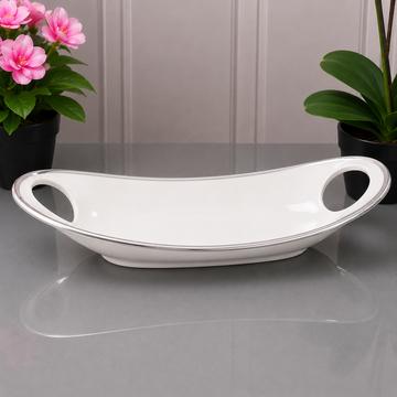 Brilliant White Oval Serving Dish With Silver Trim Handles - 16 Inches