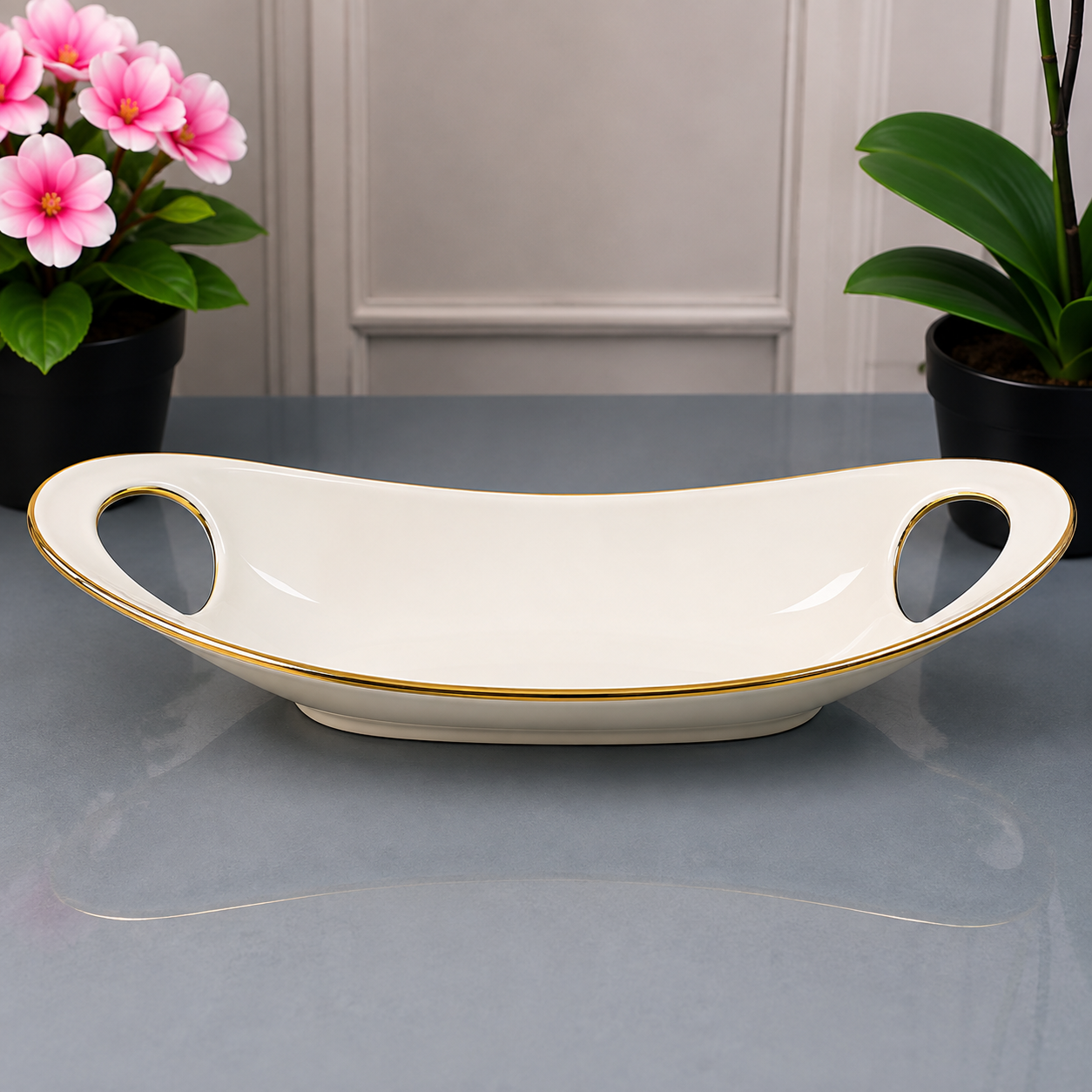 Brilliant White Oval Serving Dish With Golden Trim Handles - 16 Inches