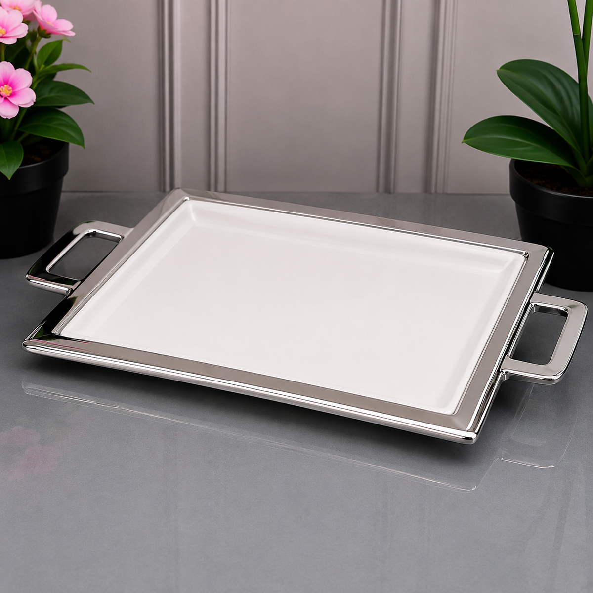 Brilliant Rectangular White Serving With Sliver Frame And Handles - 11 Inches