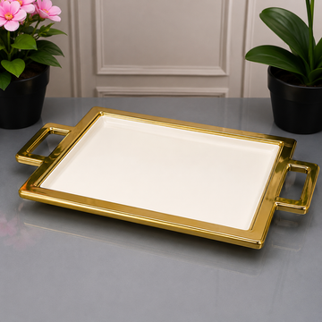 Brilliant Rectangular White Serving With Golden Frame And Handles - 11 Inches