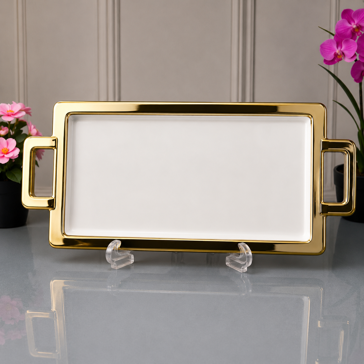 Brilliant Rectangular White Serving With Silver Frame And Handles - 18 Inches