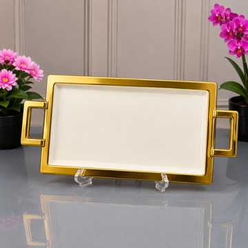 Brilliant Rectangular White Serving With Golden Frame And Handles - 18 Inches