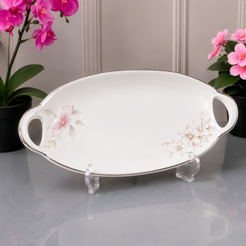 Brilliant White Oval Floral Serving Tray With Integrated Handles - 11.75 Inches