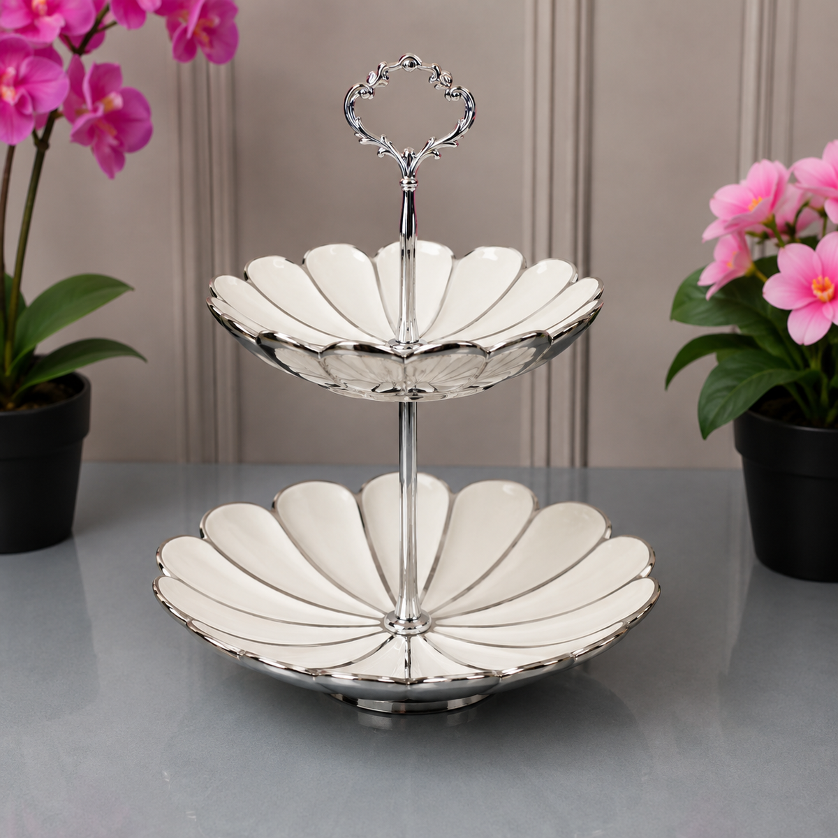 Brilliant 2 Tier Flower Shaped Serving Stand With Silver Handle - 5 & 7.25 Inches