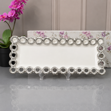 Brilliant Rectangular White Serving Tray With Silver Circle Border - 15 Inches