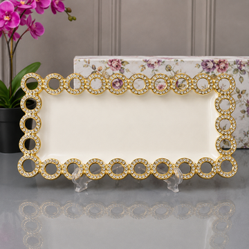 Brilliant Rectangular White Serving Tray With Golden Circle Border - 15 Inches