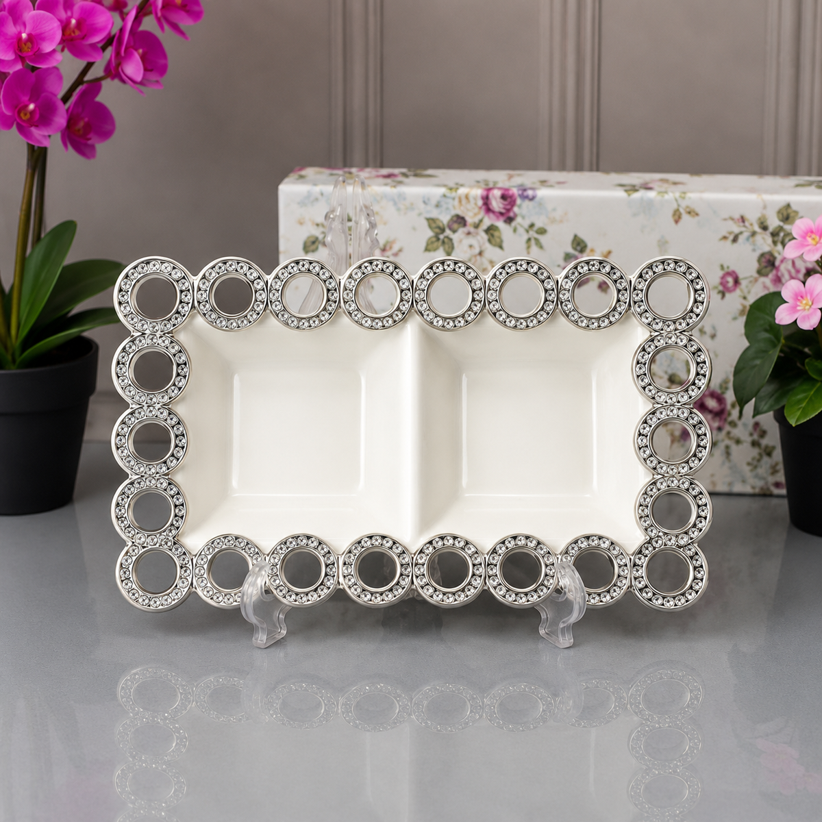 Brilliant Rectangular Double Compartment Serving Tray With Silver Circle Border - 8.75 Inches