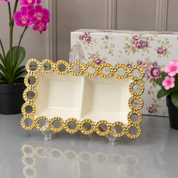 Brilliant Rectangular Double Compartment Serving Tray With Golden Circle Border - 8.75 Inches (Copy)