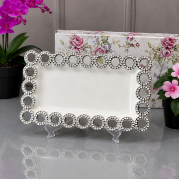 Brilliant Rectangular White Serving Tray With Silver Circle Border - 11 Inches