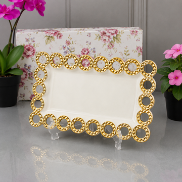 Brilliant Rectangular White Serving Tray With Golden Circle Border - 11 Inches