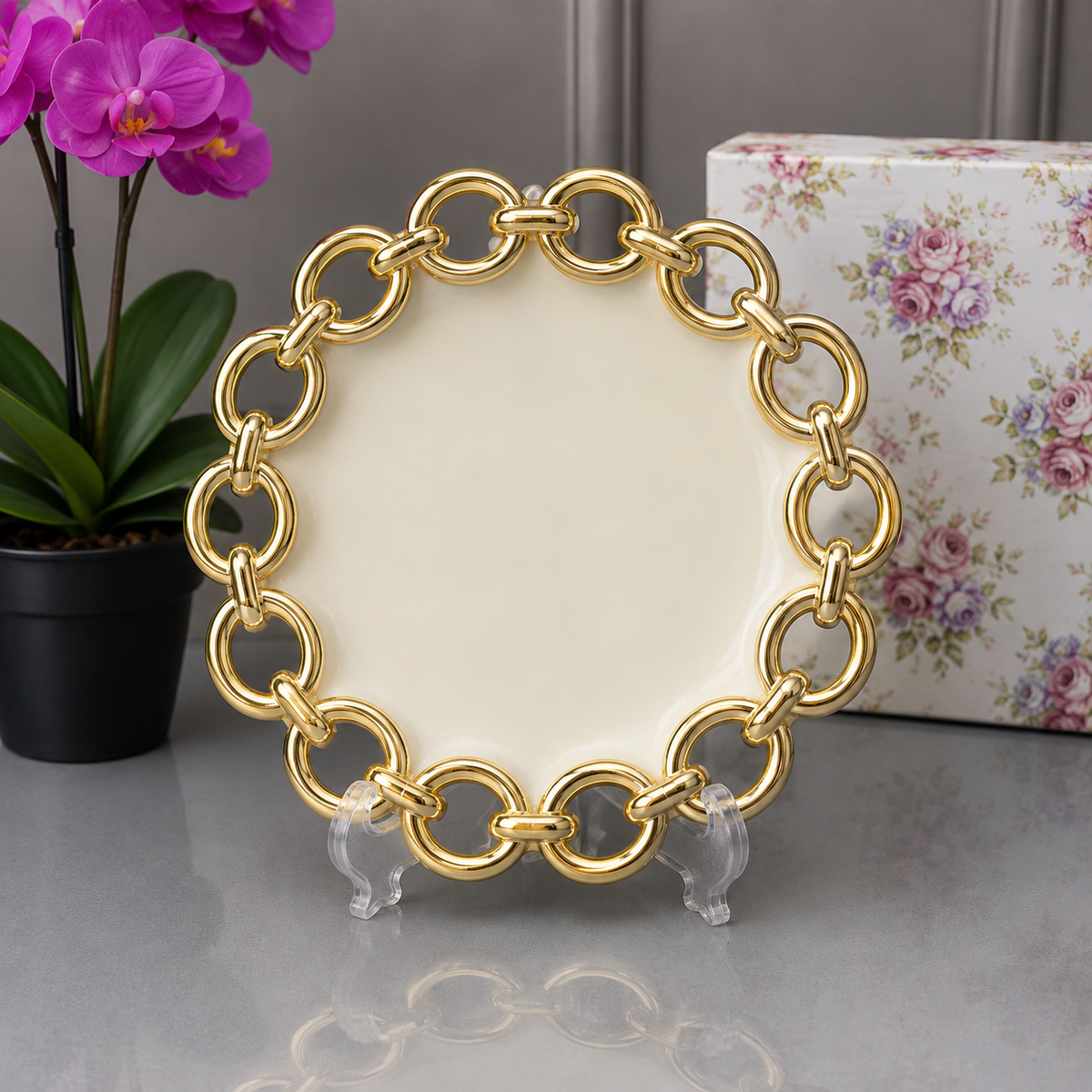 Brilliant Round White Serving Tray With Golden Chain Border - 9 Inches