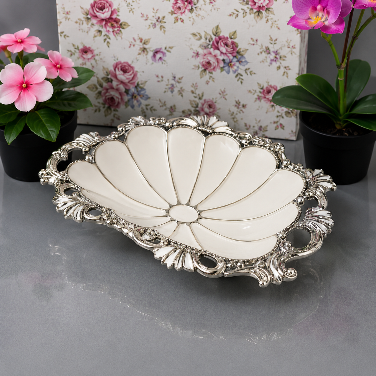 Brilliant White Flower Shaped Serving Dish With Ornate Silver Frame - 10.25 Inches