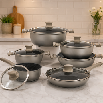 Alpenburg Non Stick Cookware Set With Glass Lids And Matching Handles - 12 Pieces