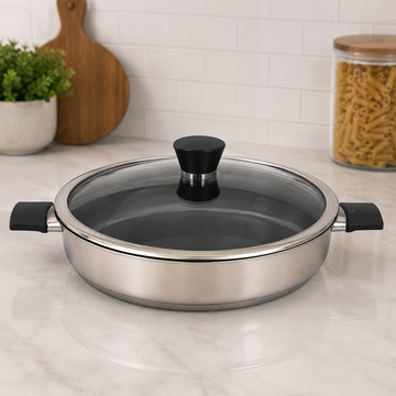 Alpenburg Stainless Steel Shallow Casserole With Glass Lid And Side Handles - 28 x 7cm
