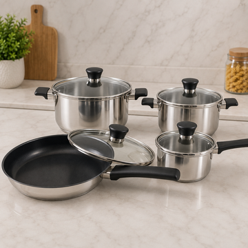 Alpenburg Stainless Steel Cookware Set With Glass Lids And Non-Stick Frying Pan - 8 Piece Set
