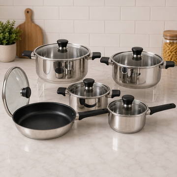Alpenburg Stainless Steel Cookware Set With Glass Lids And Non-Stick Frying Pan - 10 Piece Set