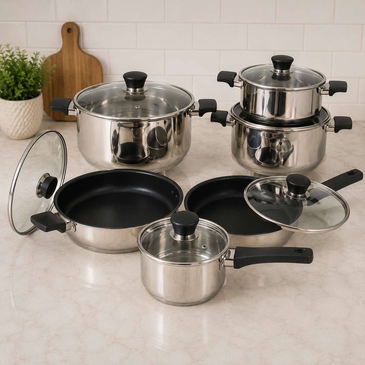 Alpenburg Stainless Steel Cookware Set With Glass Lids And Non-Stick Frying Pan - 12 Piece Set