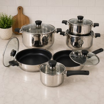 Alpenburg Stainless Steel Cookware Set With Glass Lids And Non-Stick Frying Pan - 12 Piece Set