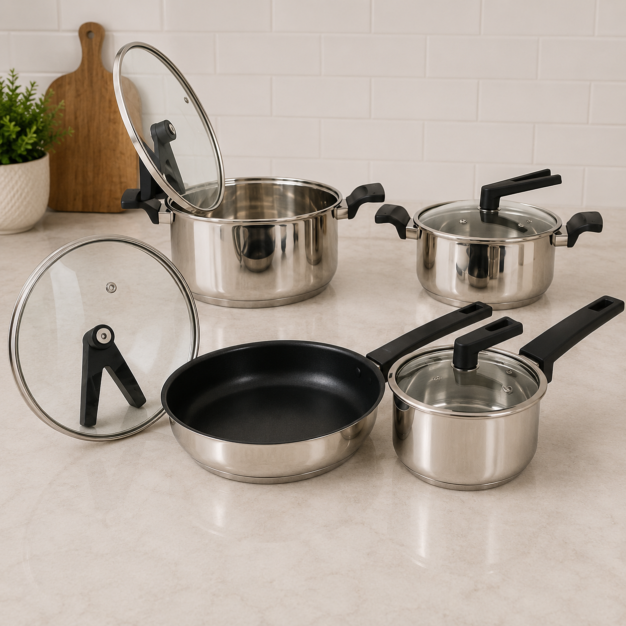 Alpenburg Stainless Steel Cookware Set With Glass Lids And Non-Stick Frying Pan - 8 Piece Set