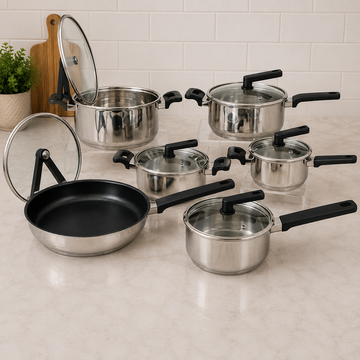 Alpenburg Stainless Steel Cookware Set With Glass Lids And Non-Stick Frying Pan - 10 Piece Set
