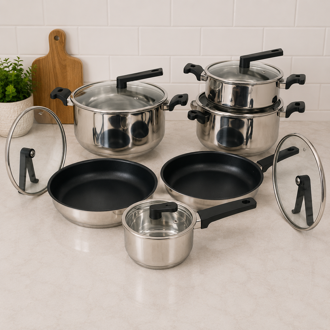 Alpenburg Stainless Steel Cookware Set With Glass Lids And Non-Stick Frying Pan - 12 Piece Set